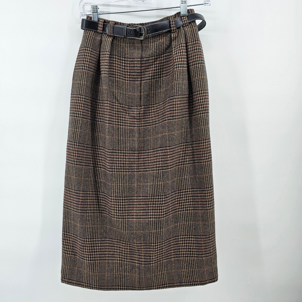 Nell Flowers Plaid Skirt Women 6 Brown Wool Blend Belted Midi Pleated USA Made